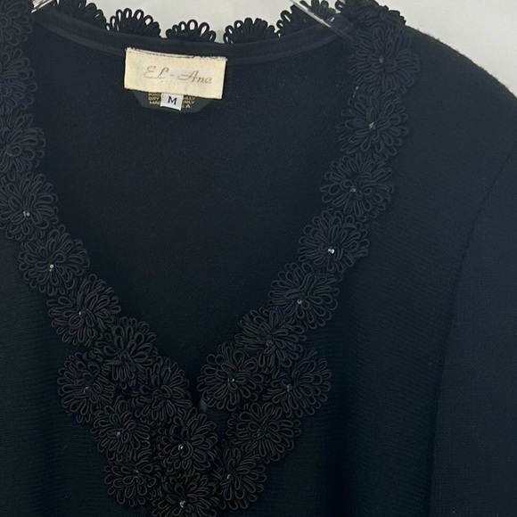 VTG El Ana Knit Long Sleeve Top Black Flower Applique Womens Medium V Neck - Picture 3 of 7